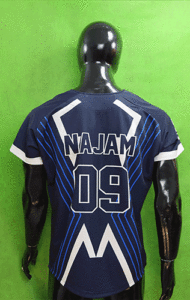 "Moisture-wicking baseball jersey with logo and team colors – machine washable and durable" 