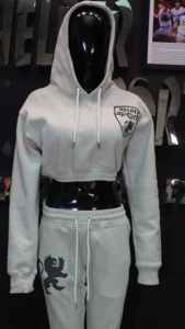 "Off-white bottom tracksuit pants with elastic waistband and tapered legs, designed for comfort and casual style."