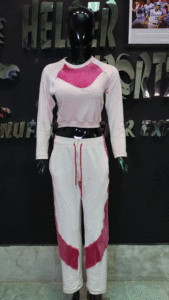 pink athletic bottom tracksuit with elastic waistband and tapered legs, perfect for running or casual wear."