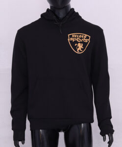 Helder Sports Black Pullover Hoodie 2025 – premium customizable hoodie with green Helder tag, soft fabric, drawstring hood, and front pocket.